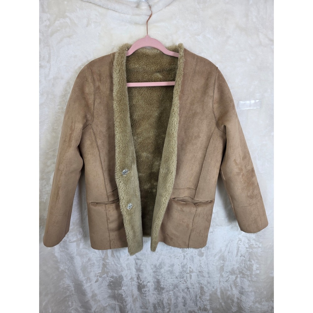 Vintage Style Tan Faux Suede Shearling Jacket Faux Fur Lined Tan Camel Coat